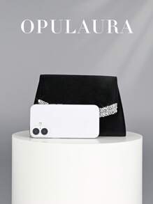 OpulAura 女士优雅秋冬奢华天鹅绒翻盖手拿包，闪亮水钻装饰简约时尚晚宴包，适合正式场合、派对/婚礼/活动、生日/圣诞节礼物，带链条 - 黑色 - 查看 4