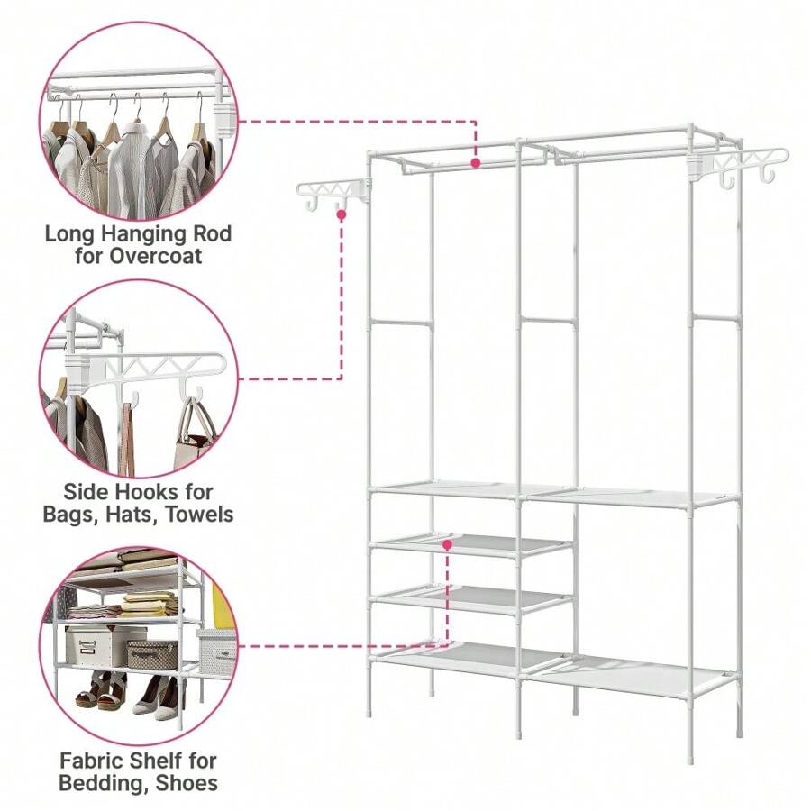 Garment Rack Closet Organizer With Hanging Hooks Rods, Freestanding ...
