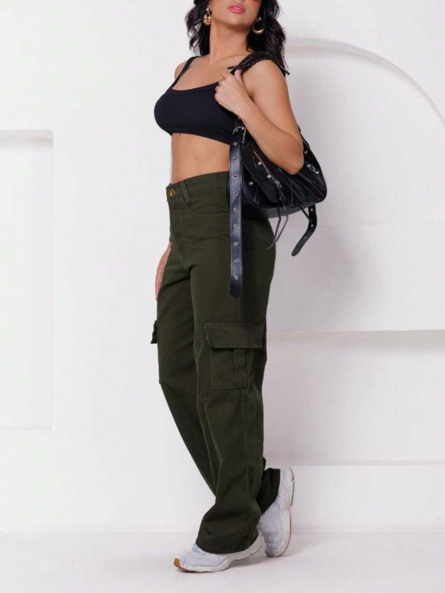 Women's Cargo Jeans Military Green Color Fashion Blogger - xanh quân đội - Xem 1