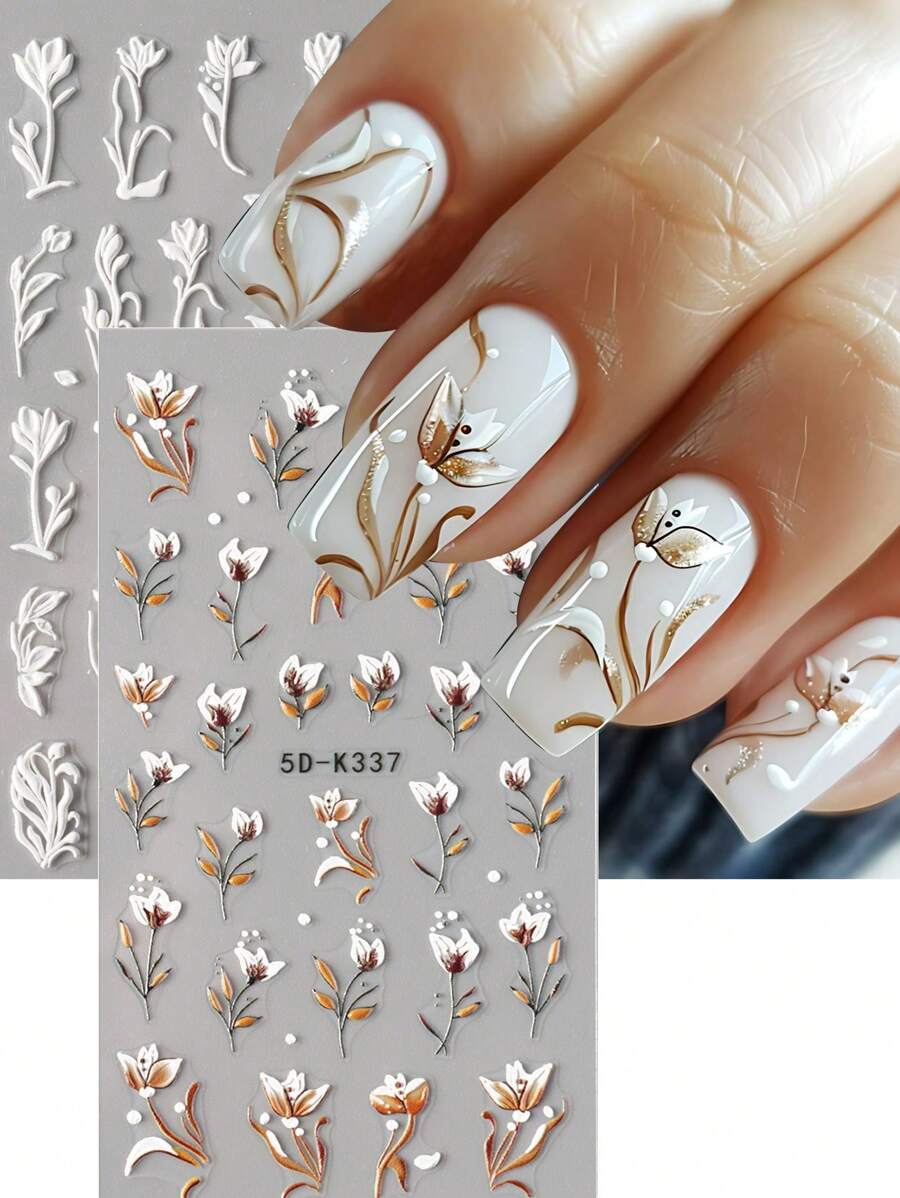 FULL BEAUTY 2 件浮雕木棉花美甲贴纸冬叶盛开的花朵日式风格优雅自粘指甲贴花美甲用品装饰品 - 彩色 - 查看 1