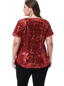 Women's Sequin Tops Plus Size Round Neck Sparkle Glitter Short Sleeve Party Tunic Blouse - Đỏ - Xem 2