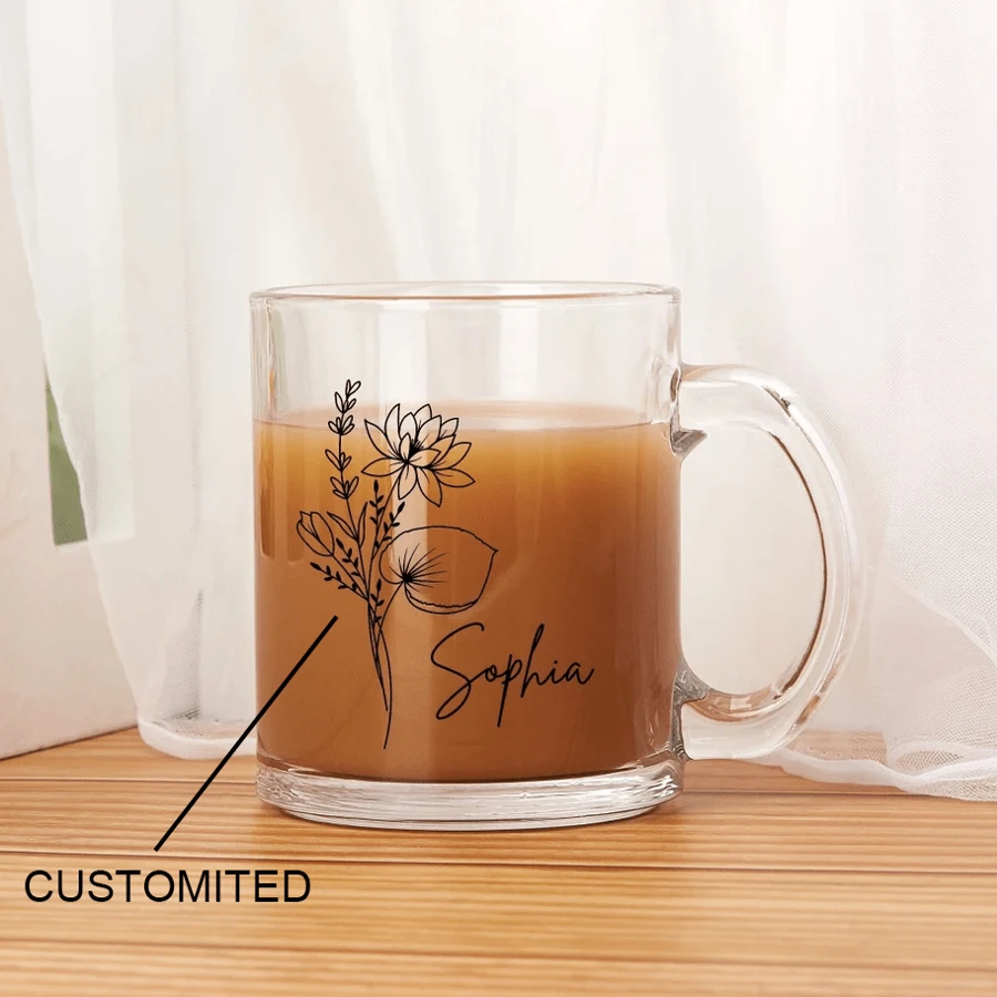 Custom Glass Mug, Personalized Bridesmaid Mug, Bridal Party Gift, Birth Month Flower Mug, Birthday Gift Christmas Gifts For Her/Mom/Women