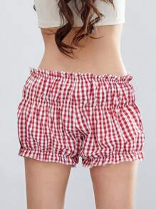 Women Summer Ruffled Shorts Casual Plaid Print Elastic Waist Short Pants For Beach Nightclub Streetwear - Red - View 8