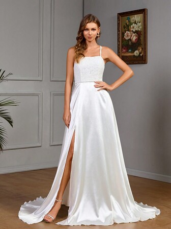 花卉纹理开口侧边下摆长款优雅细肩带婚纱