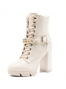 Women's Ankle Boots Lace Up Platform Boots Chunky Heel Knight-Style Boots Chain Decoration Metallic Buckle Punk-Inspired Ankle Boots With Non-Slip Lug Sole - Màu be - Xem 2