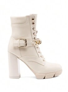 Women's Ankle Boots Lace Up Platform Boots Chunky Heel Knight-Style Boots Chain Decoration Metallic Buckle Punk-Inspired Ankle Boots With Non-Slip Lug Sole - Màu be - Xem 5