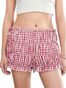 Women Summer Ruffled Shorts Casual Plaid Print Elastic Waist Short Pants For Beach Nightclub Streetwear - Red - View 1
