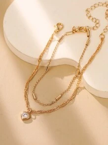 Nooxian 2 件/套时尚金色星形/心形/方形/心形方晶锆石吊坠双层手链，奢华金属手链套装 - 金黃色 - 查看 8