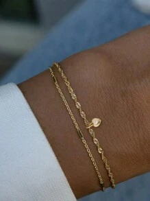 Nooxian 2 件/套时尚金色星形/心形/方形/心形方晶锆石吊坠双层手链，奢华金属手链套装 - 金黃色 - 查看 3