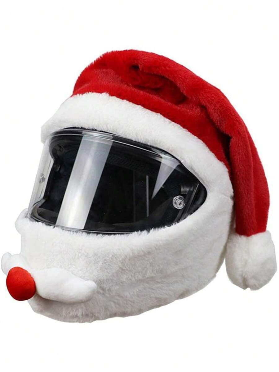 1 件摩托车头盔，配有可爱的圣诞老人胡子和蓬松的圣诞帽设计 - 紅色 - 查看 1