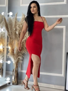 Long Dress Strapless Slit Casual Long Dress Tie Party - 紅色 - 查看 2