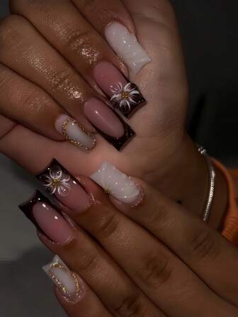 24pcs/Box Luxury Flower Floral Glitter Pearl Gradient Striped Nail Tips, Chic & European-American Style Medium Square False Nails, Suitable For Girls And Women, With 1pc Gel Polish And 1pc Nail File Press On Nails