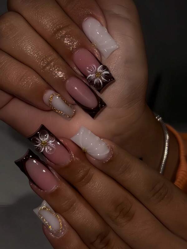 24pcs/Box Luxury Flower Floral Glitter Pearl Gradient Striped Nail Tips, Chic & European-American Style Medium Square False Nails, Suitable For Girls And Women, With 1pc Gel Polish And 1pc Nail File Press On Nails