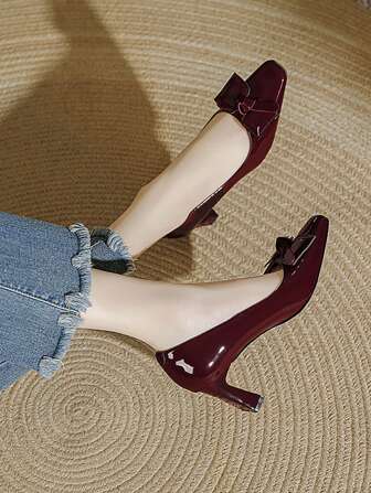 Women's Bowknot Metal Decor Chunky Heel Square Toe Slip-On High Heels, Fashion Casual Pumps In Black, Khaki, Burgundy, Autumn Valentines