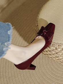 Women's Bowknot Metal Decor Chunky Heel Square Toe Slip-On High Heels, Fashion Casual Pumps In Black, Khaki, Burgundy, Autumn Valentines - Burgundy - View 3
