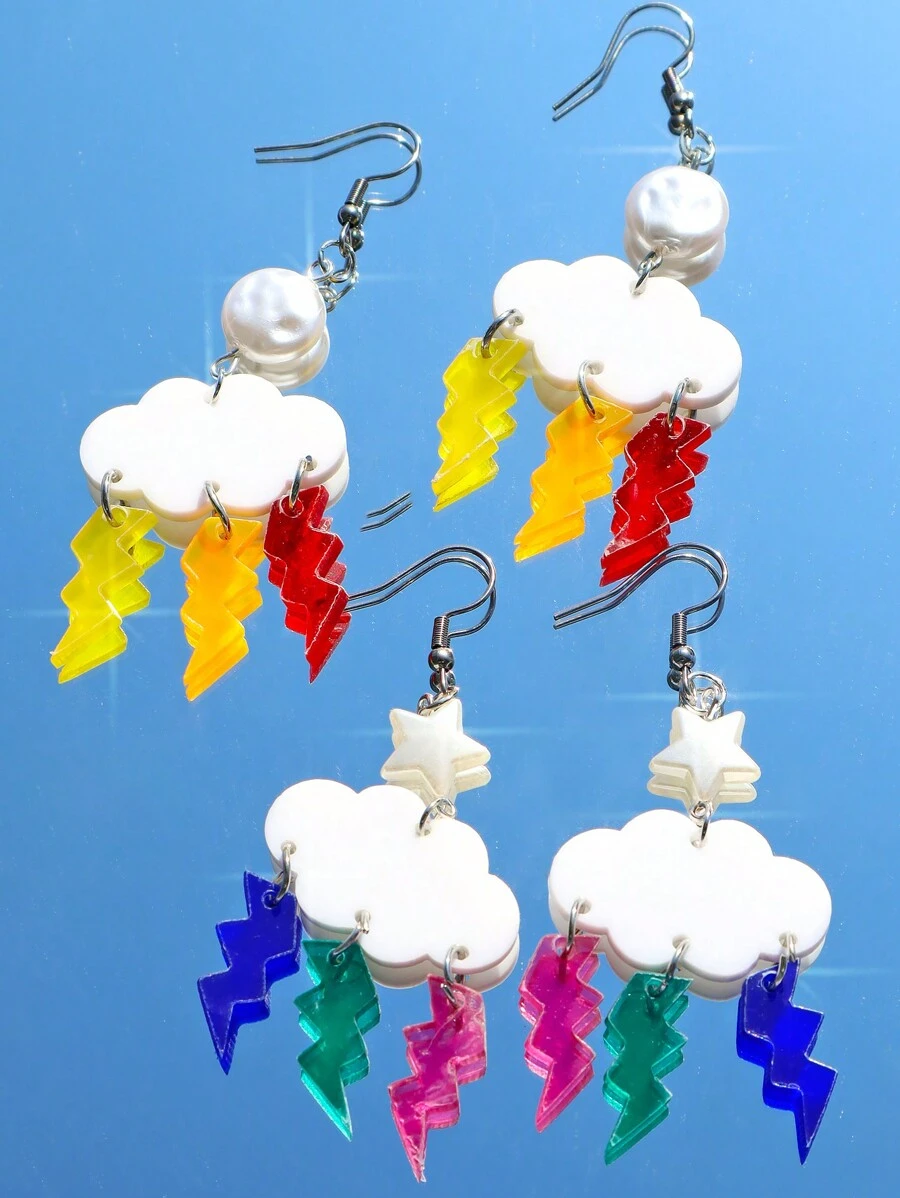 1 对时尚闪电和云吊坠耳环，夸张的闪电设计适合音乐节派对，西式闪电耳环，街头时尚星珍珠耳环