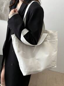 Túi vải canvas dày dung tích lớn đơn giản & thanh lịch, túi tote thời trang phong cách Hàn Quốc, túi đeo vai nhẹ màu trơn, túi xách đi mua sắm thường ngày/cổ điển dành cho phụ nữ - Màu be - Xem 5