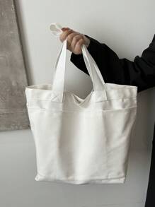 Túi vải canvas dày dung tích lớn đơn giản & thanh lịch, túi tote thời trang phong cách Hàn Quốc, túi đeo vai nhẹ màu trơn, túi xách đi mua sắm thường ngày/cổ điển dành cho phụ nữ - Màu be - Xem 3