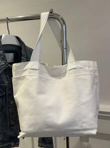 Túi vải canvas dày dung tích lớn đơn giản & thanh lịch, túi tote thời trang phong cách Hàn Quốc, túi đeo vai nhẹ màu trơn, túi xách đi mua sắm thường ngày/cổ điển dành cho phụ nữ - Màu be - Xem 2