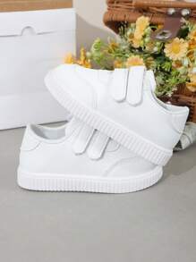Zapatos deportivos blancos sencillos para niños pequeños, suela plana, casuales para primavera y otoño, boda/fiesta/vacaciones, con y elástico