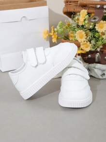 Zapatos deportivos blancos sencillos para niños pequeños, suela plana, casuales para primavera y otoño, boda/fiesta/vacaciones, con y elástico