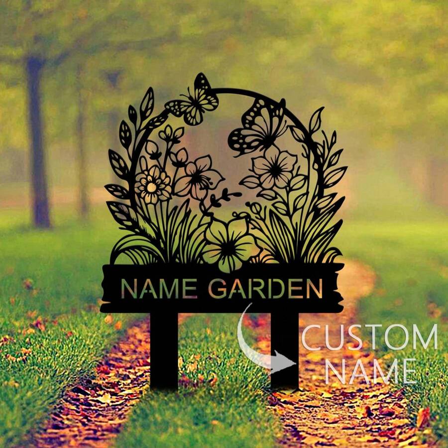 1 tấm biển tên vườn cá nhân hóa, biển báo bãi cỏ, biển báo kim loại ngoài trời, biển báo vườn kim loại tùy chỉnh, biển báo hoa có cọc, biển báo hoa hướng dương có cọc, đồ trang trí vườn, quà tặng vườn - màu đen - Xem 1