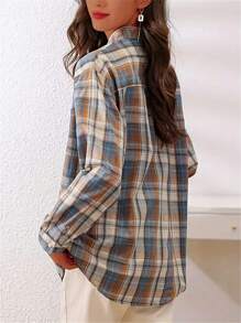 女式前扣长袖口袋格子休闲衬衫 - 彩色 - 查看 5