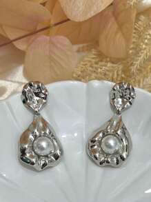 Women's Flat Gold Earring With Pearl - 銀色 - 查看 4