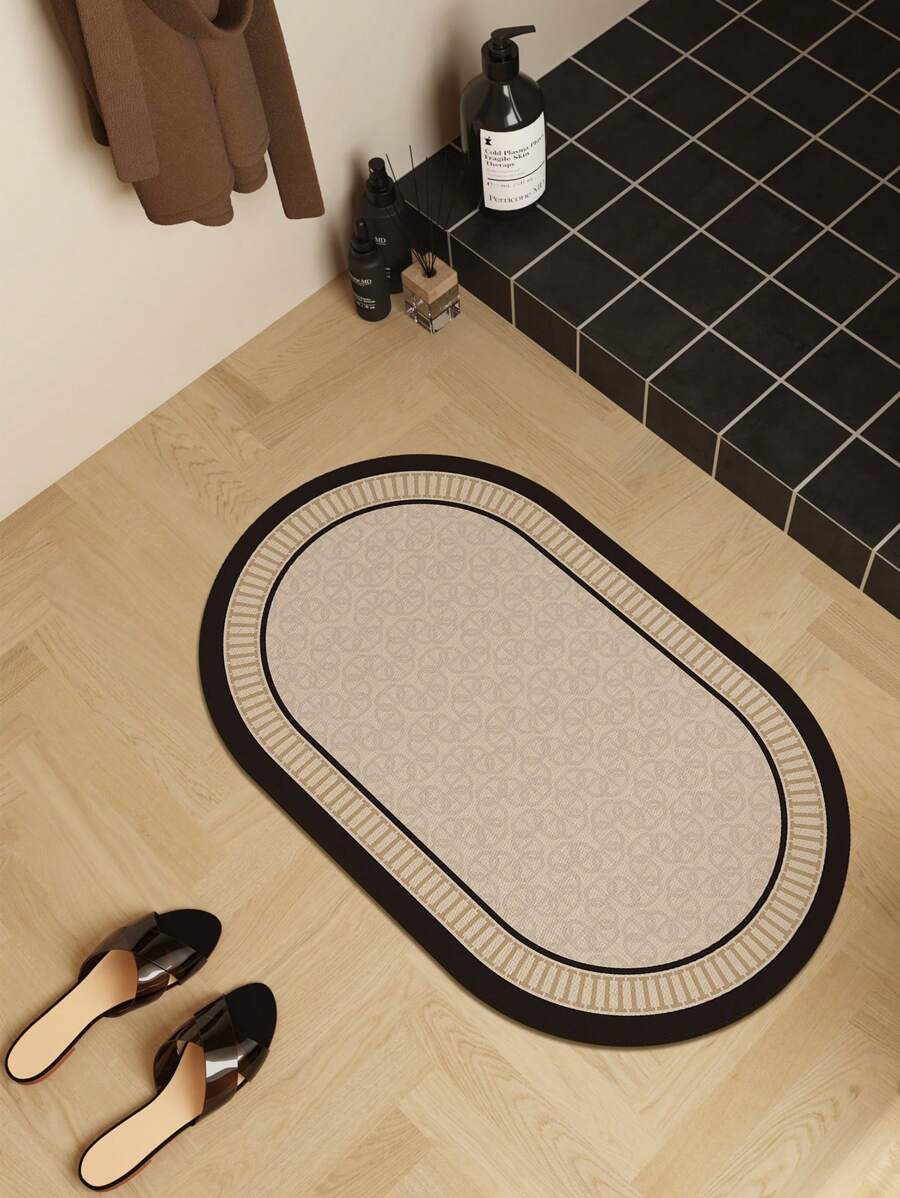 1 Piece Floral Pattern Oval Bathroom Mat, Toilet Entrance Rug, Diatomaceous Earth Absorbent Mat, Washroom Mat - Multicolor - View 1