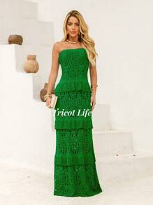 Long Strapless Dress Knit Ruffles New Year's Eve Christmas Lined Knit Civil Wedding Elegant Party Women's Dress White - 綠旗 - 查看 1