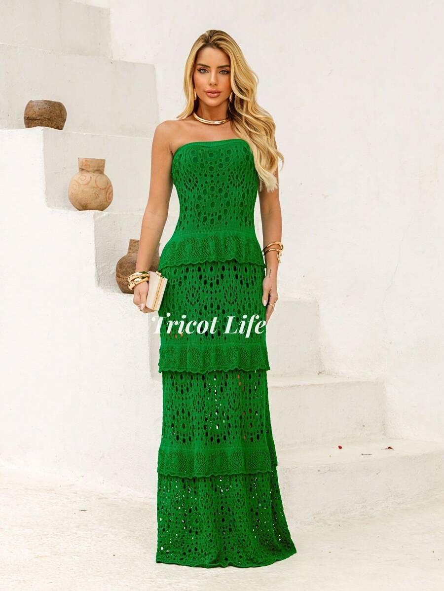 Long Strapless Dress Knit Ruffles New Year's Eve Christmas Lined Knit Civil Wedding Elegant Party Women's Dress White - 綠旗 - 查看 1