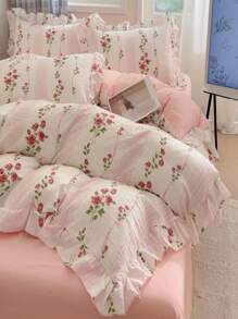 4 Pieces Bedding Set Including 1 Duvet Cover, 1 Bed Sheet, 2 Pillowcases (Inner Not Included), Korean Style Lace Washed Fabric