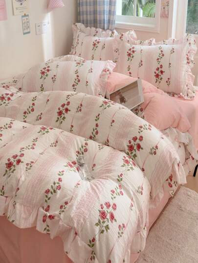 4 Pieces Bedding Set Including 1 Duvet Cover, 1 Bed Sheet, 2 Pillowcases (Inner Not Included), Korean Style Lace Washed Fabric