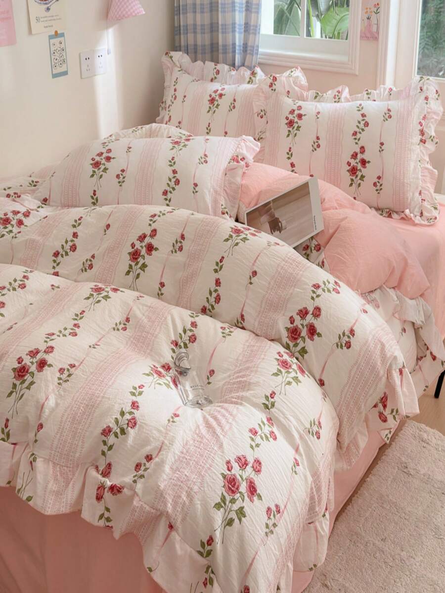 4 Pieces Bedding Set Including 1 Duvet Cover, 1 Bed Sheet, 2 Pillowcases (Inner Not Included), Korean Style Lace Washed Fabric