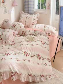 4 Pieces Bedding Set Including 1 Duvet Cover, 1 Bed Sheet, 2 Pillowcases (Inner Not Included), Korean Style Lace Washed Fabric