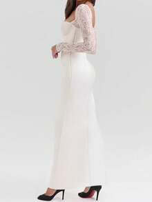 时尚性感蕾丝长袖修身优雅连衣裙、派对礼服、女士婚礼宾客礼服、鸡尾酒会礼服 - 白色 - 查看 3