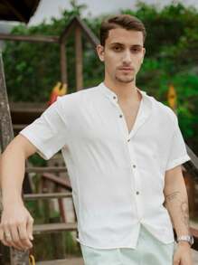 Short Sleeve Priest Collar Shirt With Brown Buttons - 白色 - 查看 3