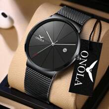Đồng hồ đeo tay thạch anh ONOLA đơn giản 40mm dành cho nam, dây đeo lưới chống nước, thích hợp đeo hàng ngày, có hộp quà tặng, món quà tuyệt vời cho nam giới - Bạc - Xem 3