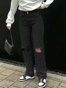 Quần jeans ống đứng rách gối phong cách giống người có sức ảnh hưởng ở Châu Âu và Châu Mỹ - màu đen - Xem 5