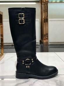2025Women's Knee-High Knight Boots In Black With Elegant Square Buckle Decoration For The Fall And Winter Season, Suitable For Dating, Parties, Shopping And Commuting During The Back-To-School Season And Valentine's Day.