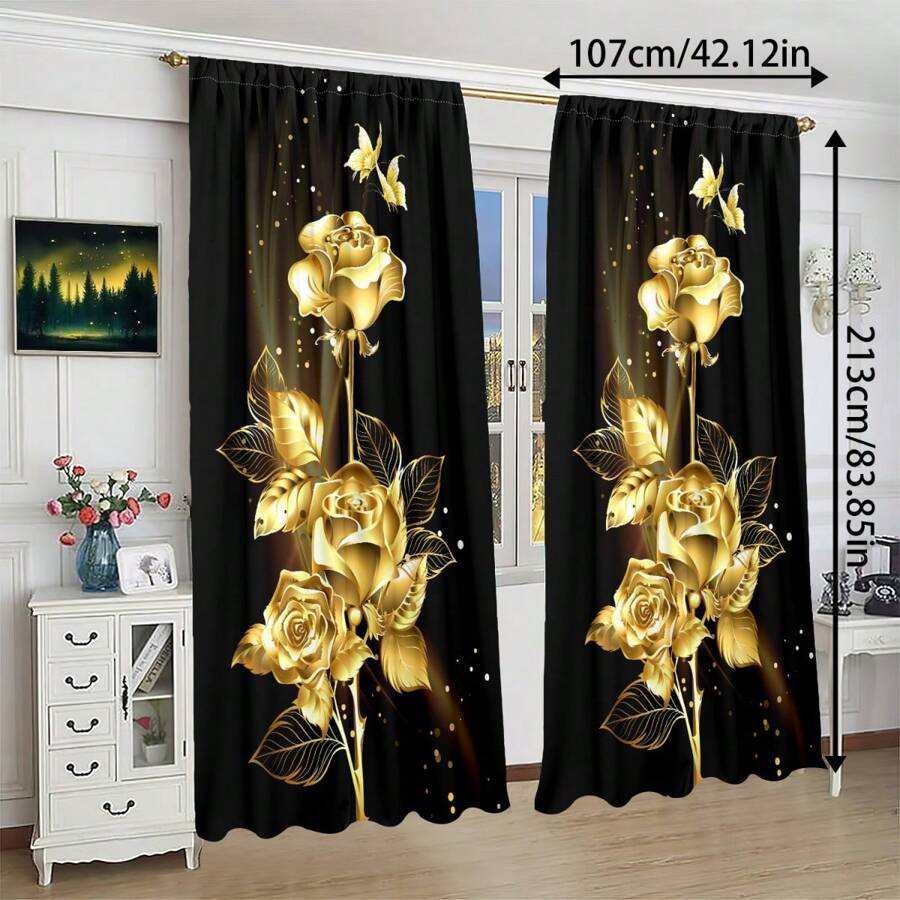 2 chiếc rèm in họa tiết hoa vàng, quà tặng ngày lễ tình nhân, rèm trang trí quán cà phê có túi đựng thanh treo, chống tia UV, polyester có thể giặt bằng máy, thích hợp cho trang trí phòng khách, nhà bếp, quán cà phê, ban công và sân vườn - Nhiều màu - Xem 1