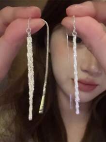 1 对流苏吊坠耳环女士小精品高端奢华时尚长耳环适合婚礼、联欢会、音乐节、节日 - 銀色 - 查看 2