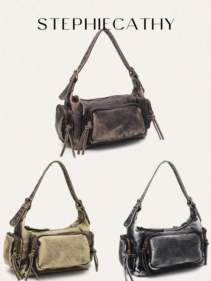 STEPHIECATHY Retro Vintage Cool Preppy Street Style Women Shoulder Bag Washed PU Vegan Leather Zipper Closure Multi Pockets Functional Practical Cross Body Handbag Portable Casual Daily Commute College School Travel Outing, Y2k Bag, 2000s Fashion Style - Nhiều màu - Xem 1