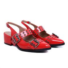 Women's Pointed Toe Slingback Pumps Shoes With Metal Buckles And Eyelets Low Heel Elegance And Comfort - 紅色 - 查看 1