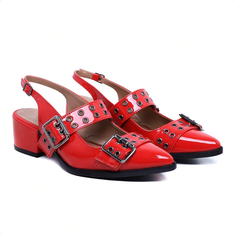 Women's Pointed Toe Slingback Pumps Shoes With Metal Buckles And Eyelets Low Heel Elegance And Comfort - 紅色 - 查看 1