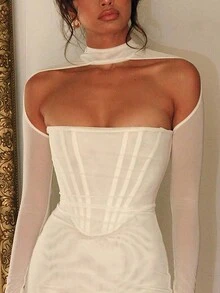 Đầm maxi dài tay hai lớp bằng vải lưới ôm sát, đầm dự tiệc nữ, đầm cocktail dự đám cưới, đầm trắng thanh lịch mùa xuân. - trắng - Xem 2