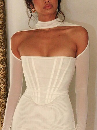 2-Layer Long Sleeve Mesh Fitted Maxi Dress, Women Party Gown, Wedding Guest Cocktail Dress