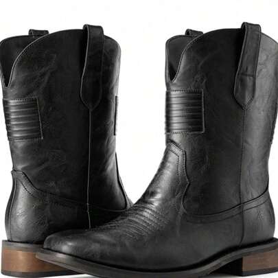 Cowboy Boots For Men - Mens Square Toe Western Boot With Flag, Faux Leather Booties, Botas Para Hombre Vaqueras Suitable For Concert, Daily, Wedding