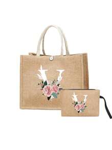 一套两只亚麻手提袋 - 一只印有 A-Z 字母，另一只印有字母和花卉图案，适合母亲节、个性化礼物等场合。黄色亚麻手提袋配白色提手，大小手提袋组合，完美适用于婚礼、生日、海滩、节日等场合 - 送给女性、母亲、教师、朋友、伴娘、学生、返校季的理想礼物（提供两只装和单只装两种选择）。 - 卡其色 - 查看 19