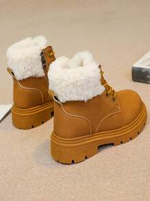 1 par de botas térmicas forradas com design de cadarço para meninos e meninas, antiderrapantes e quentes para o inverno - Castanho - Ver 4